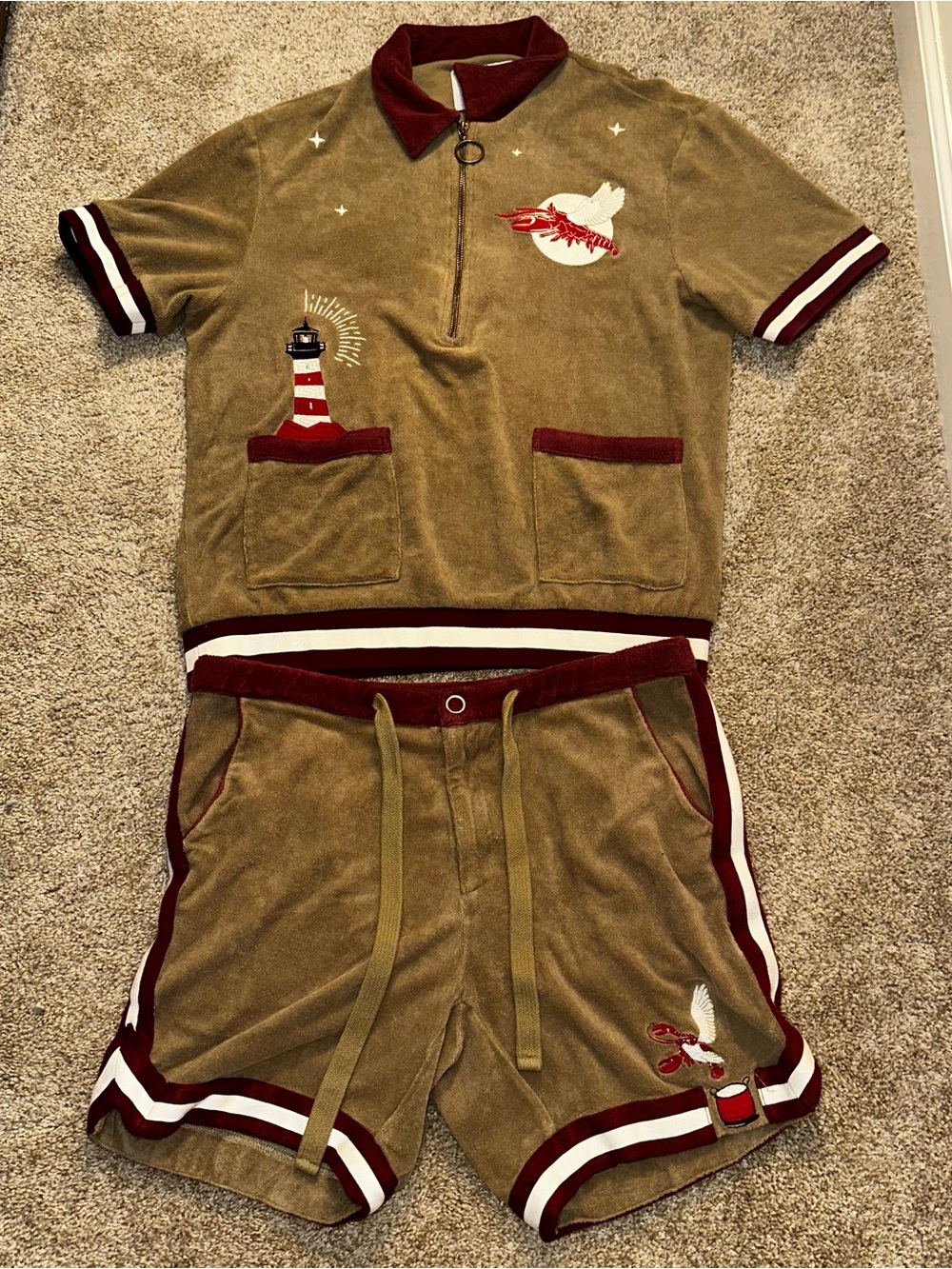 Men's Khaki Short Set with Burgundy Trim and Nautical Embroidery